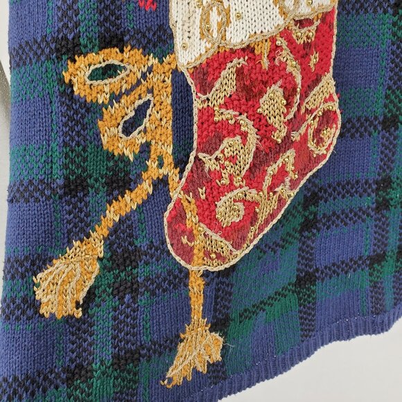 Vintage Heirloom Blue Green Plaid Beaded Nostalgic Stocking Christmas Sweater L - Picture 6 of 9